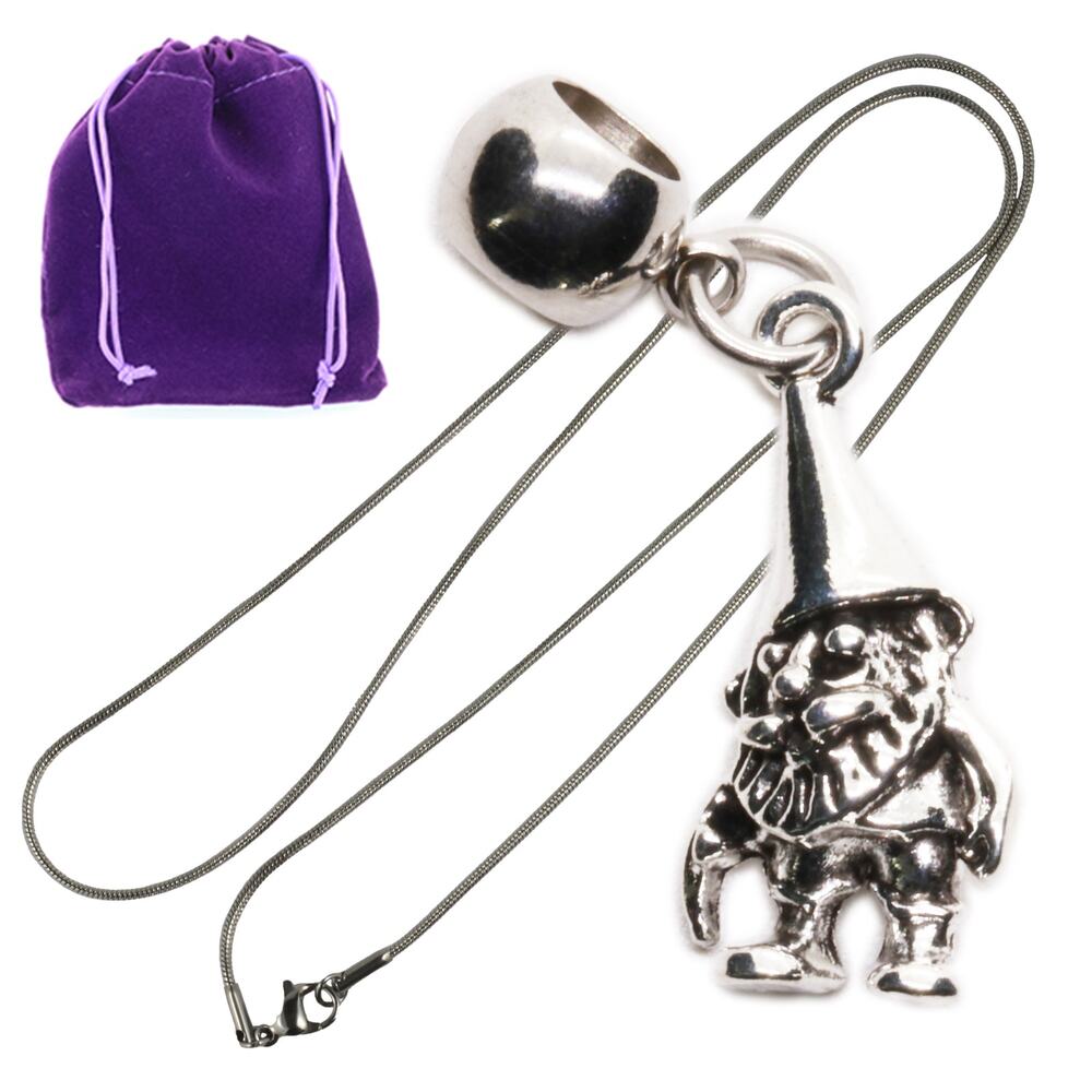 Silver Gnome Pendant Necklace With Gift Pouch, Whimsical Fantasy Jewelry